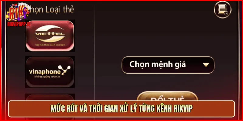 Mức rút và thời gian xử lý từng kênh Rikvip
